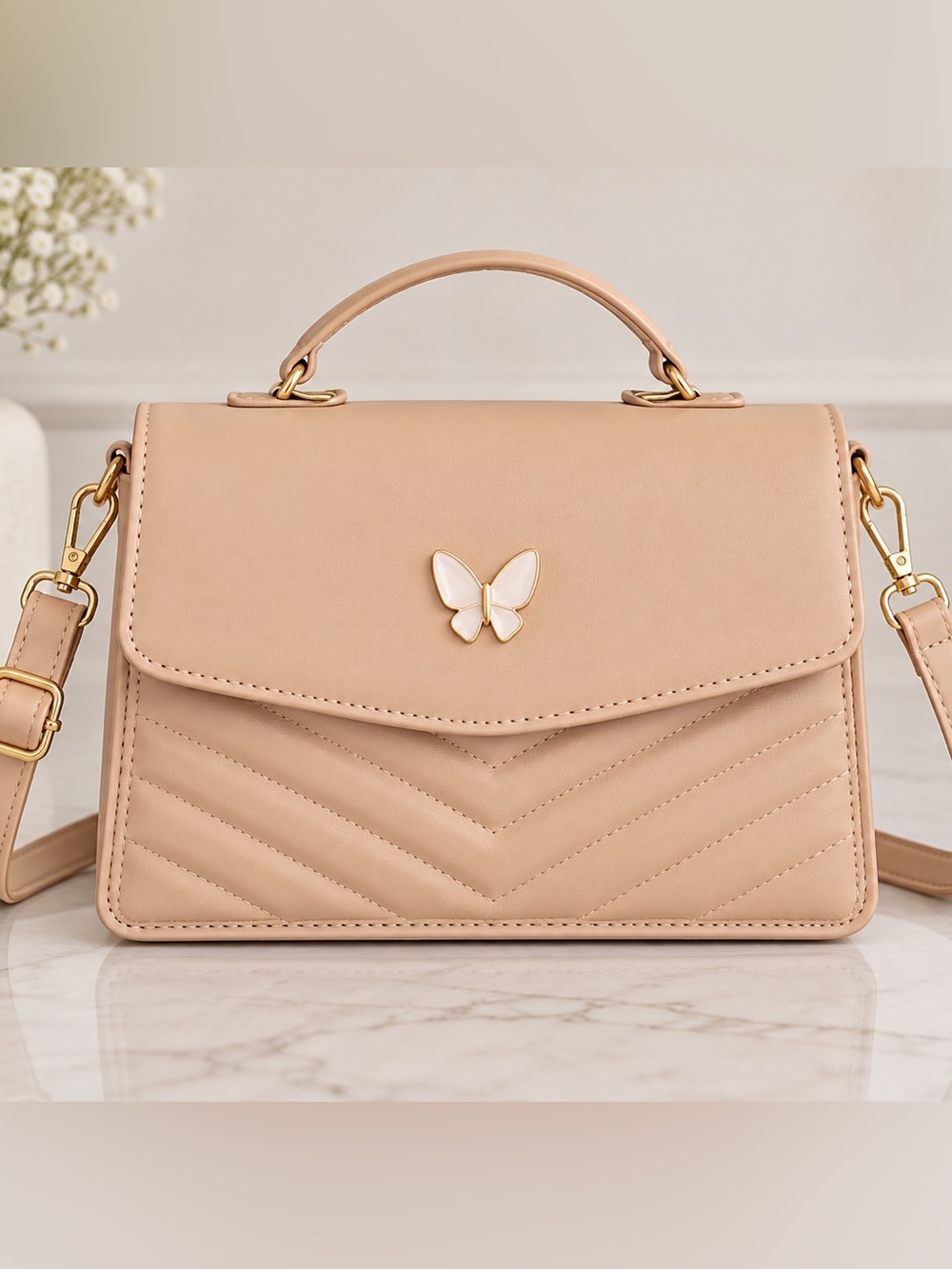 Elegant Beige Butterfly Top-Handle Bag